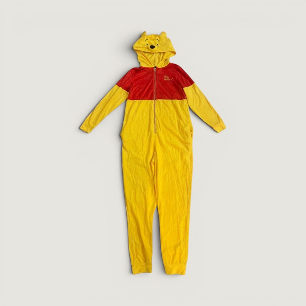 Disney Winnie the Pooh Hooded Union Suit Pajamas Yellow Red Large 12/14 Costume